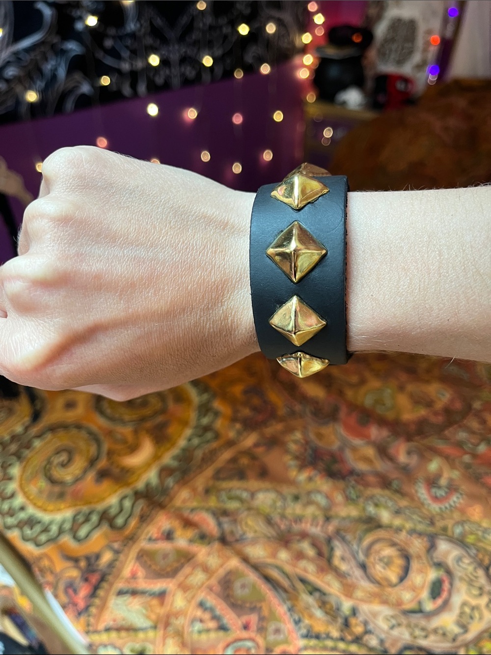 Goth Punk black leather diamond studded bracelet cuff